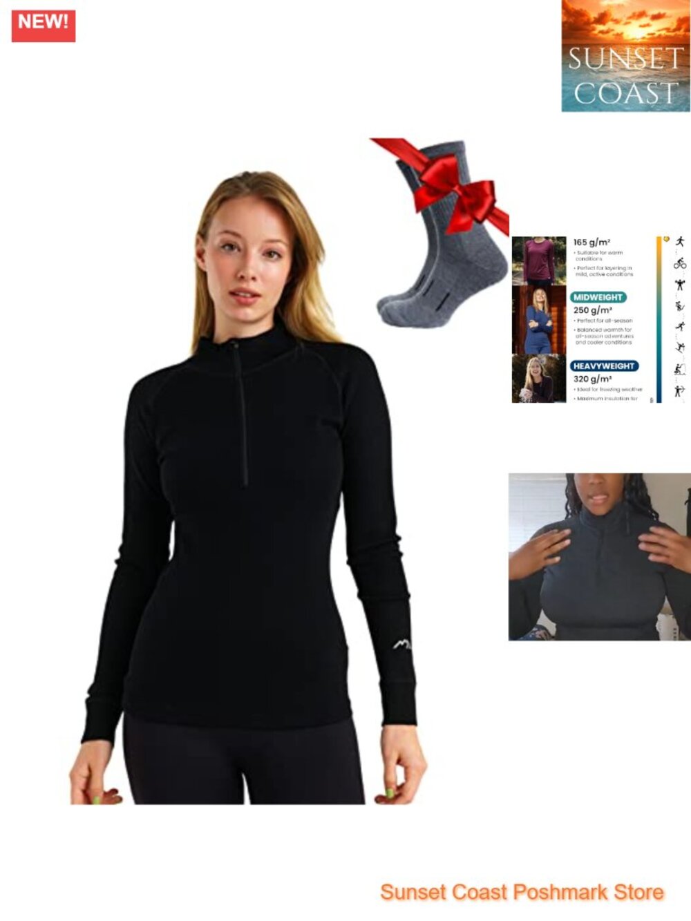 Merino Wool Quarter Zip Sweater Women Thermal Base Layer with Socks
